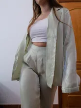 Shirt Leg-Pants Trousers Women Two-Pieces-Set OOTN Long-Sleeves Elegant Female Green