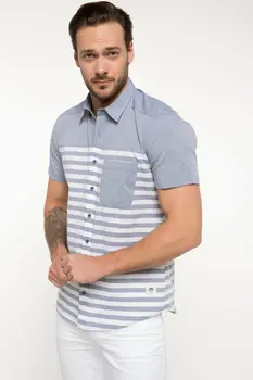 

DeFacto Men Fashion Simple Shirts Short Sleeve Striped Shirts Mens Casual Lapel Collar Casual Shirt New-I6389AZ18SM