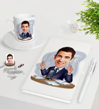 

Personalized Men 'S Announcer Caricature Of White Notebook Pen Turkish Coffee Cup Seti-1