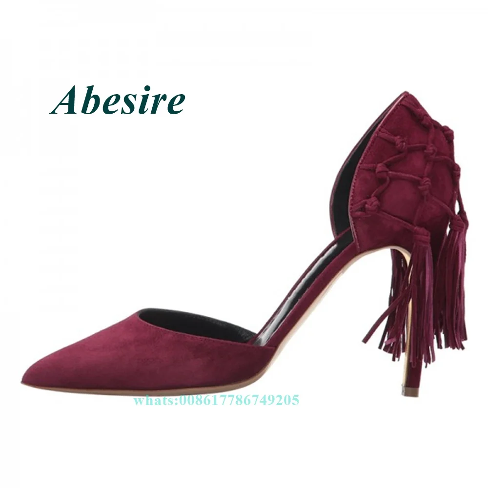 

Women Pumps Burgundy Suede Tassel Stiletto Heels Pointy Toe Fringe High Heels Slip On Summer Elegant Party Shoes Ladies Casual