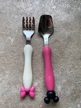 Juego de tenedor cuchara de seguridad de acero inoxidable para bebé, 2 uds., cubiertos de alimentación para niños pequeños, ratón de dibujos animados, vajilla MBG0359