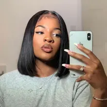 4x4 de cierre de encaje peluca recta con corte BOB cabello humano BOB corto pelucas Pre arrancado 8 -14 contundente corte Remy Peluca de pelo para las mujeres 150% de densidad