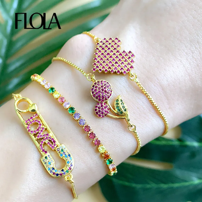 Flola Rainbow Heart Tennis Bracciale Donna Zirconia Spilla Da Balia Cherry Charm Bracciale Gioielli Placcati Oro Regenboog Bracciale Brtb67