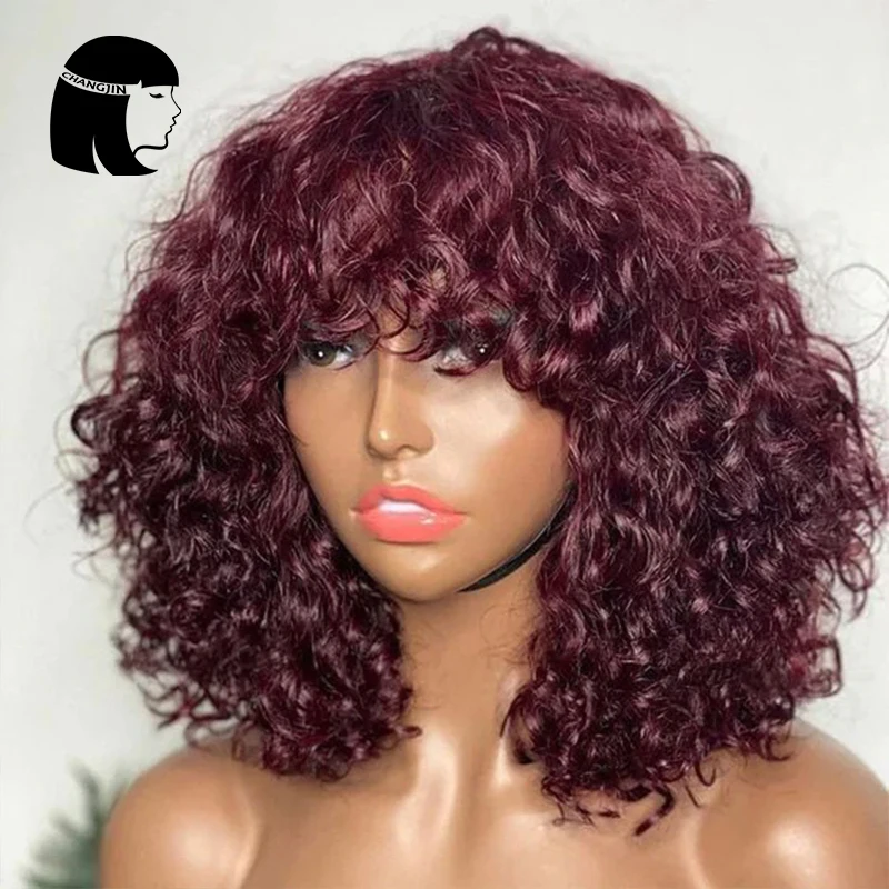 

Парики бордового цвета машинная работа с челкой плотность 200 кудрявые человеческие волосы машинная работа парики для черных женщин