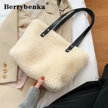 

Berrybenka Shoulder Bags for Women 2020 Lambs wool Winter Totes Soft Plush Faux Fur Handbags Lady Casual High Capacity Hand Bag