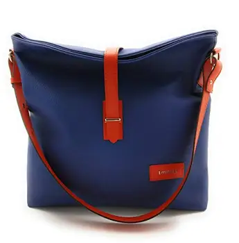 

Blue canvas woman bag combined with leather 1ª quality orange Color, clasp magnet, 36x35x12 cm. Made in Spain