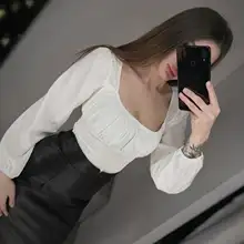 Short Blouses Womens Tops Long-Sleeve Vintage Square-Collar Casual Simple New Bow Solid