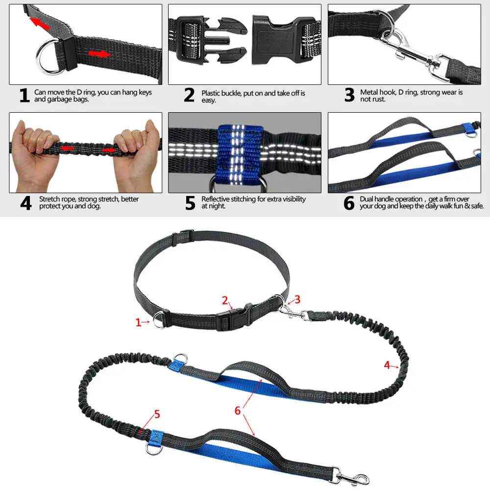 Hands Free Dog Leash Running Jogging Waist Belt Pet Training Elastic Leashes NF