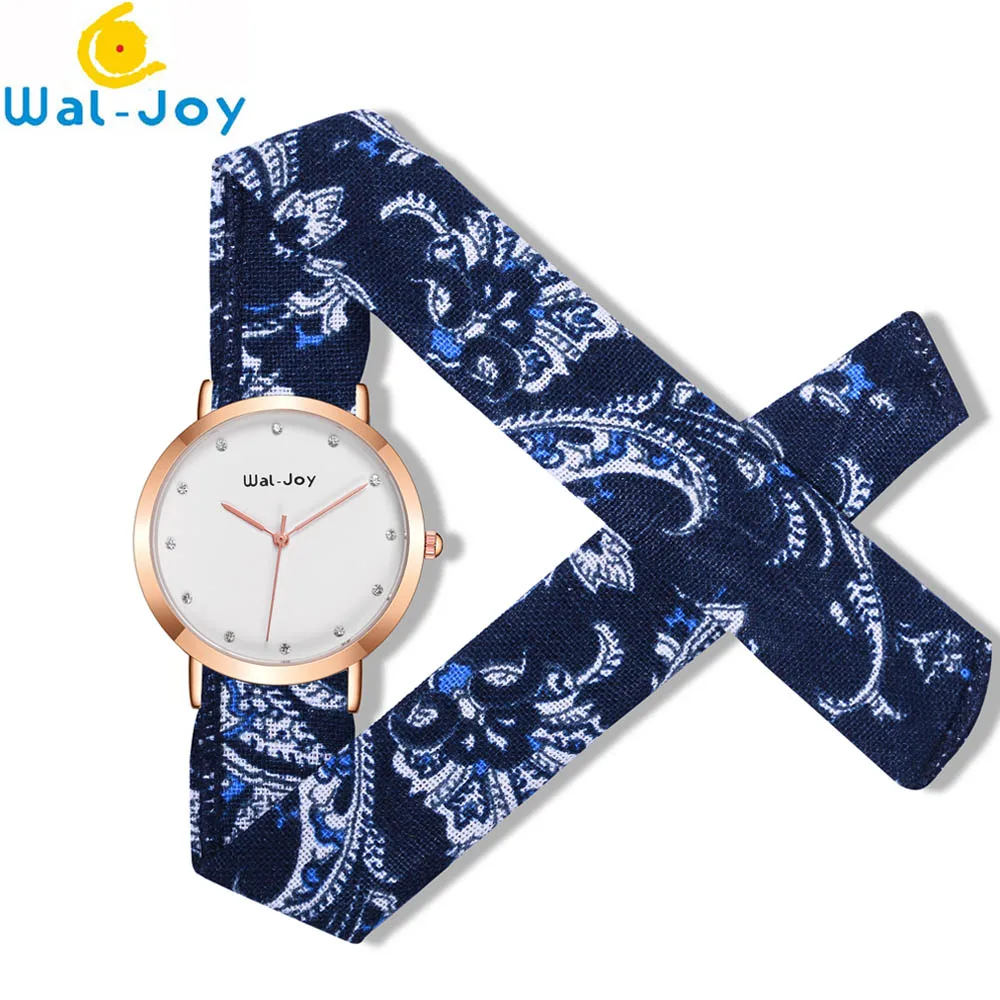 

WJ-9019 Wal-Joy Elegant Fashion Women Watch Dress Flower Print Fabric Strap Rhinestone Luxury Quartz Wristwatch Bracelet Watches