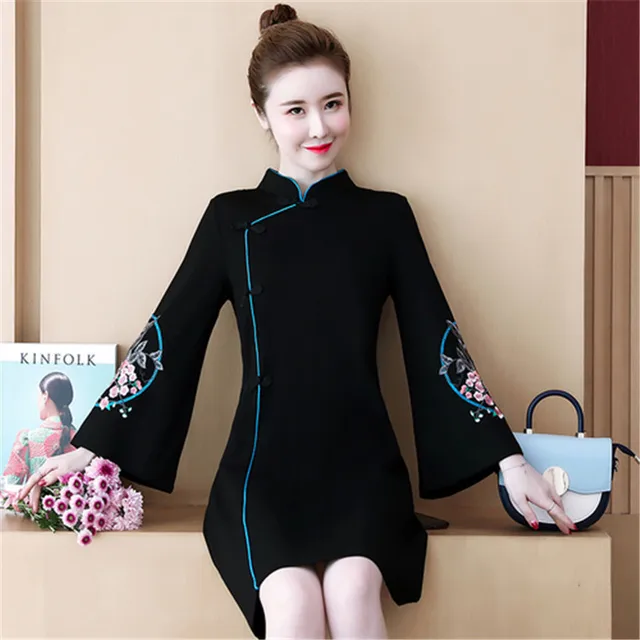 Plus size dress 2020 spring new fashion stand-up collar long-sleeved Chinese style was thin temperament dress 1