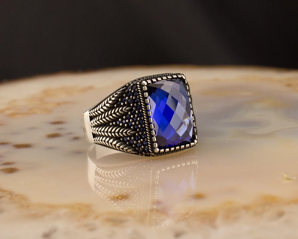 Turkish Handmade Sapphire Stone 925 Sterling Silver Mens Zircon Ring US ALL SİZE 