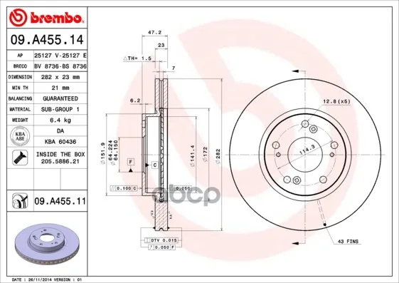 Диск Тормозной Передн Honda: Civic Viii Hatchback 05-, Fr-V 05-, Stream 05- Brembo арт. 09.A455.14
