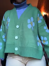 Estilo Preppy de punto con flores Cardigans suéter mujeres cuello en V suelto elegaht Thicked Pull Femme imprimir abrigo corto Casual
