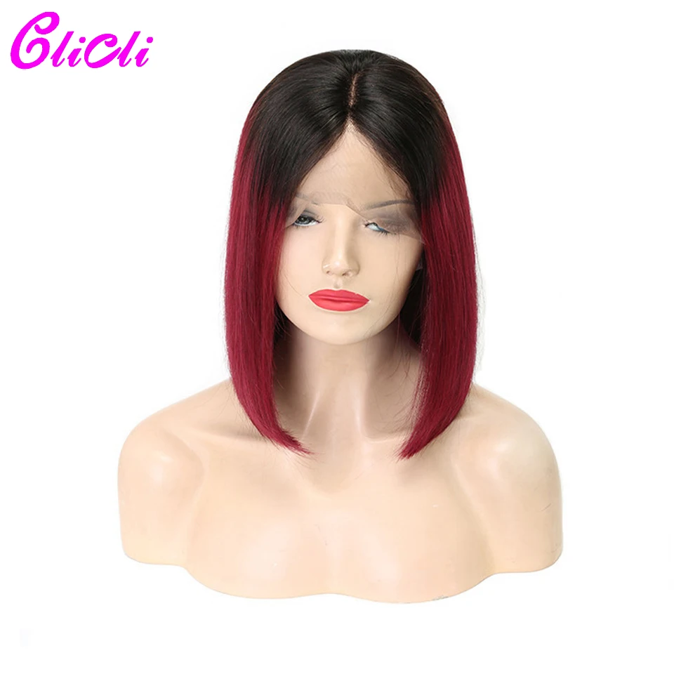 1B 99J Straight Short Bob 13x4 Lace Frontal Wig Deep Part Brazilian Remy Human Hair Lace Front Wigs 180 Density Pre Plucked