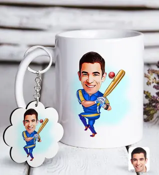 

Personalized Men 'S Baseball Player Caricature Of White mug And Keychain Gift Seti-1