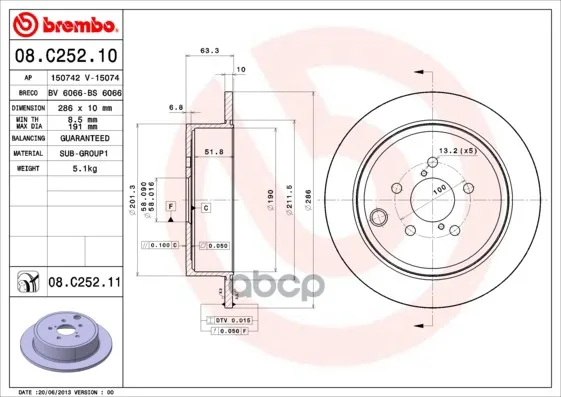 Диск Тормозной Задние Subaru Forester/Impreza/Legacy/Outback 08- Brembo арт. 08.C252.11