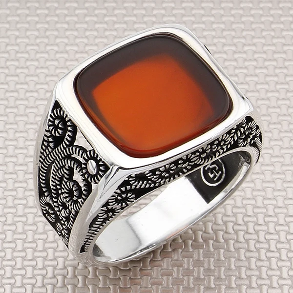 

Patterned Flat Stone Red Agate Gemstone Men Ring with 925 Sterling Silver Jewellery Handmade Ring made Natural Gemstone Men Ring