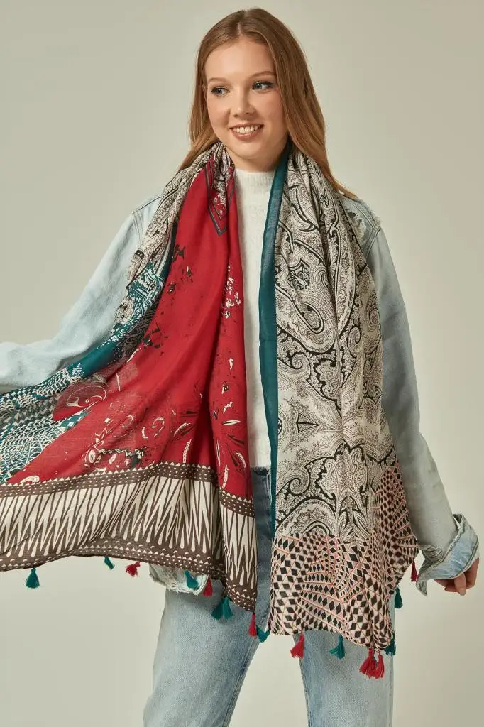 Бордовая шаль с кисточками Etro 12073
