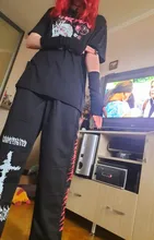 QWEEK-pantalones de pierna ancha estilo Punk Hippie para mujer, ropa de calle Harajuku gótico, estilo de calle de Anime, estampado gótico negro, Hip Hop