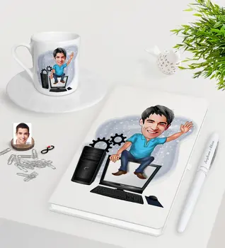 

Personalized Men 'S Computer Engineer Caricature Of White Notebook Pen Turkish Coffee Cup set