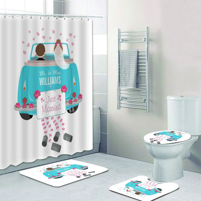 

Cute Just Married Shower Curtain Set for Newly Weds Bath Curtains Personalised Wedding Gift Bride Wedding Car Couple Mats Rugs