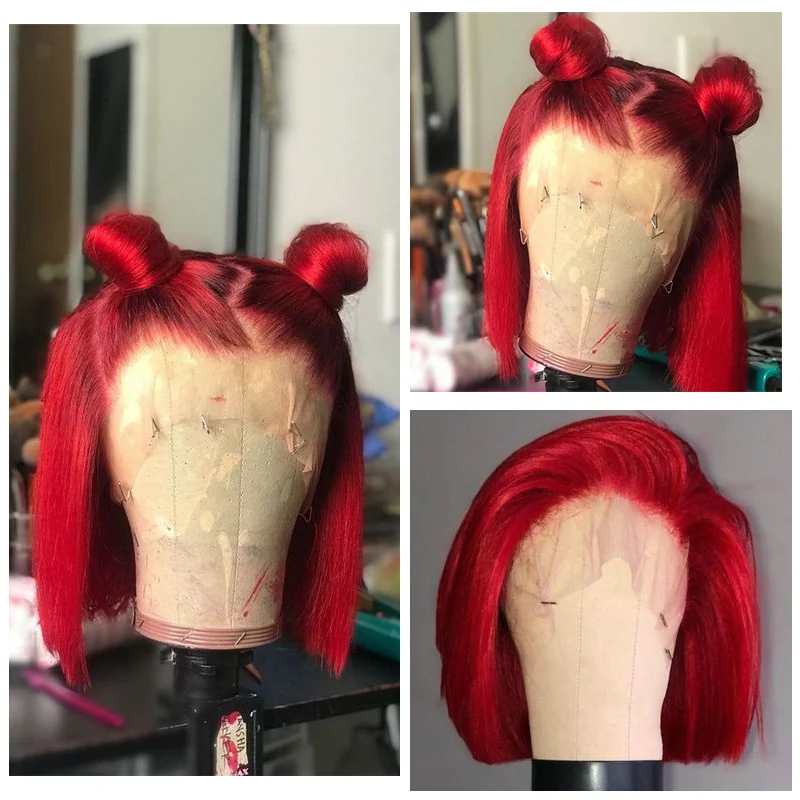 Женские прямые волосы Red Short Bob парики из человеческих волос на сетке 13 х4