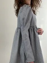 Plaid Dress Puff-Sleeve Square Collar Bclout Black White Sexy Vintage Autumn Casual Woman