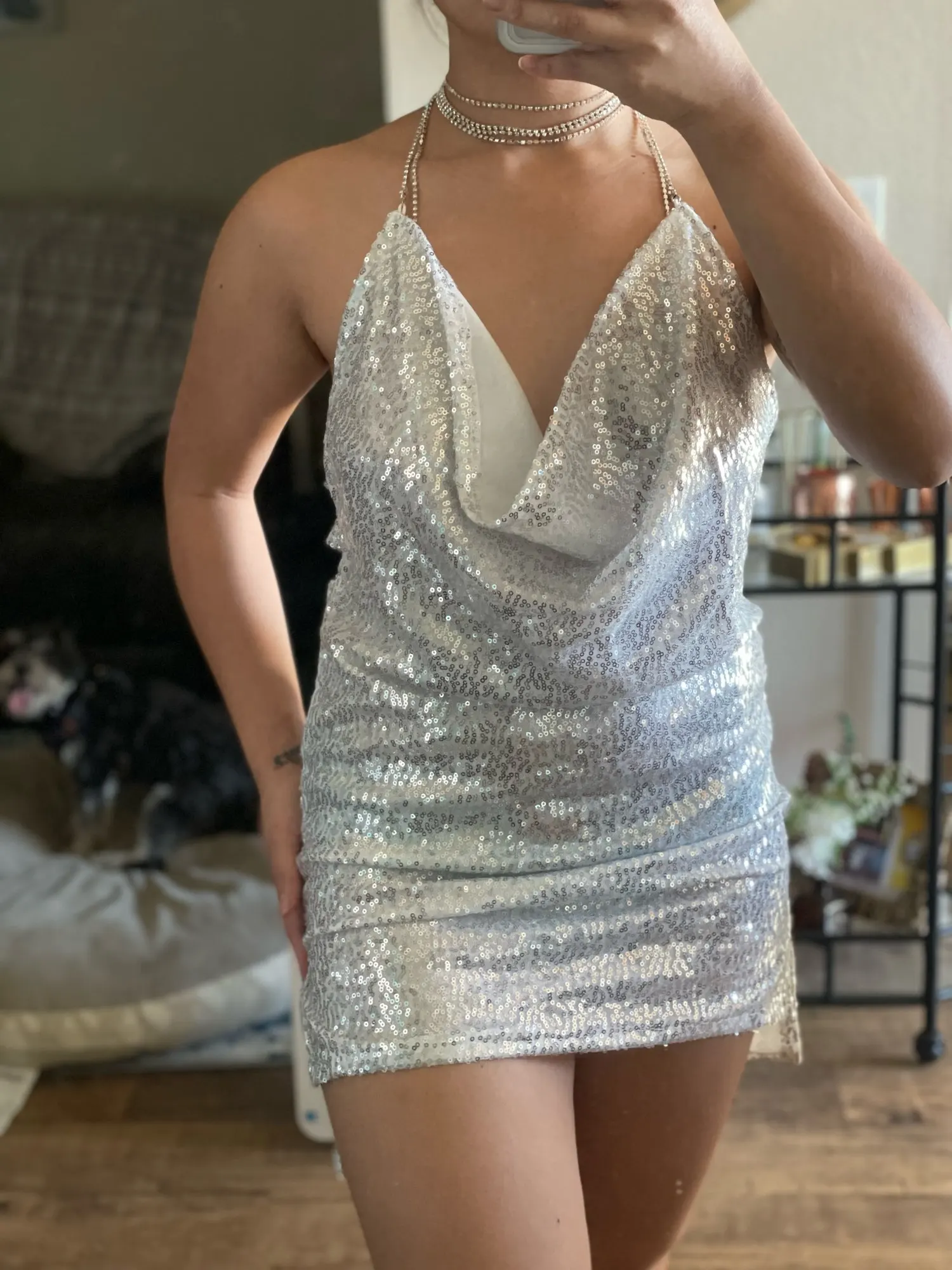 Sexy Night Club Dress White Sequined Patchwork