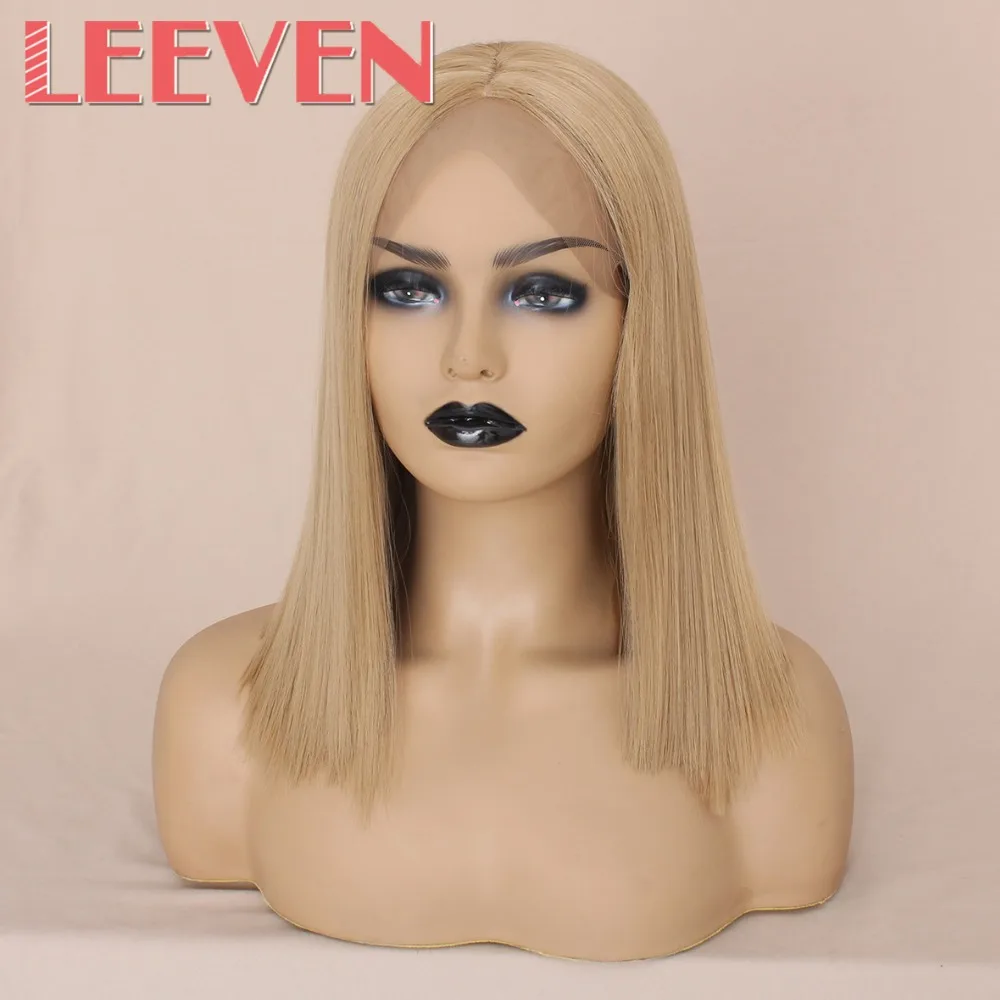 Leeven, 14 дюймов, короткий Боб, кружевные передние парики, розовый, 613 блонд, черные парики, синтетические, шелковистые, прямые волосы, парик для женщин