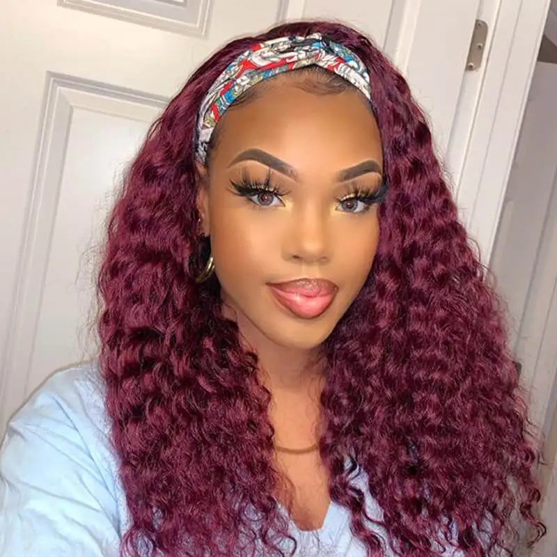 99j Burgundy Headband Wig Curly Human Hair Wigs For Black Women Brazilian Colored Deep Wave With HeadBand | Шиньоны и парики