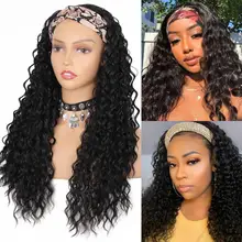 Headband Wigs Heat-Resistant-Fiber Deep-Wave Black Synthetic Women 24inches Glorious