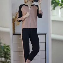 Tracksuits Women Cardigan Sweater Waist-Pants Spring Two-Piece-Sets Knitted White Fashion