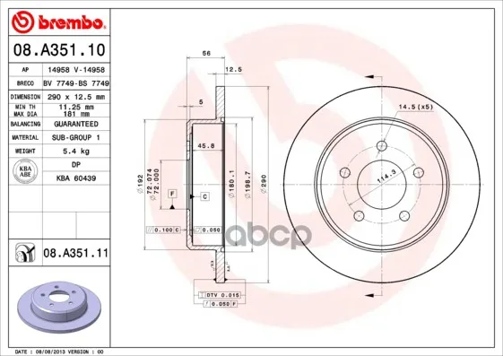 Диск Тормозной Задн, Chrysler: Town& Country 00-07, Voyager Iv 00-, Dodge: Caravan Iii 00- Brembo арт. 08.A351.11