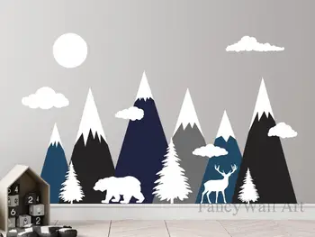 

Mountains Wall Decals With Tree Bear Wall Decal, Deer Tree for Baby Nursery Wall Decor, Kids or Children Room Decals