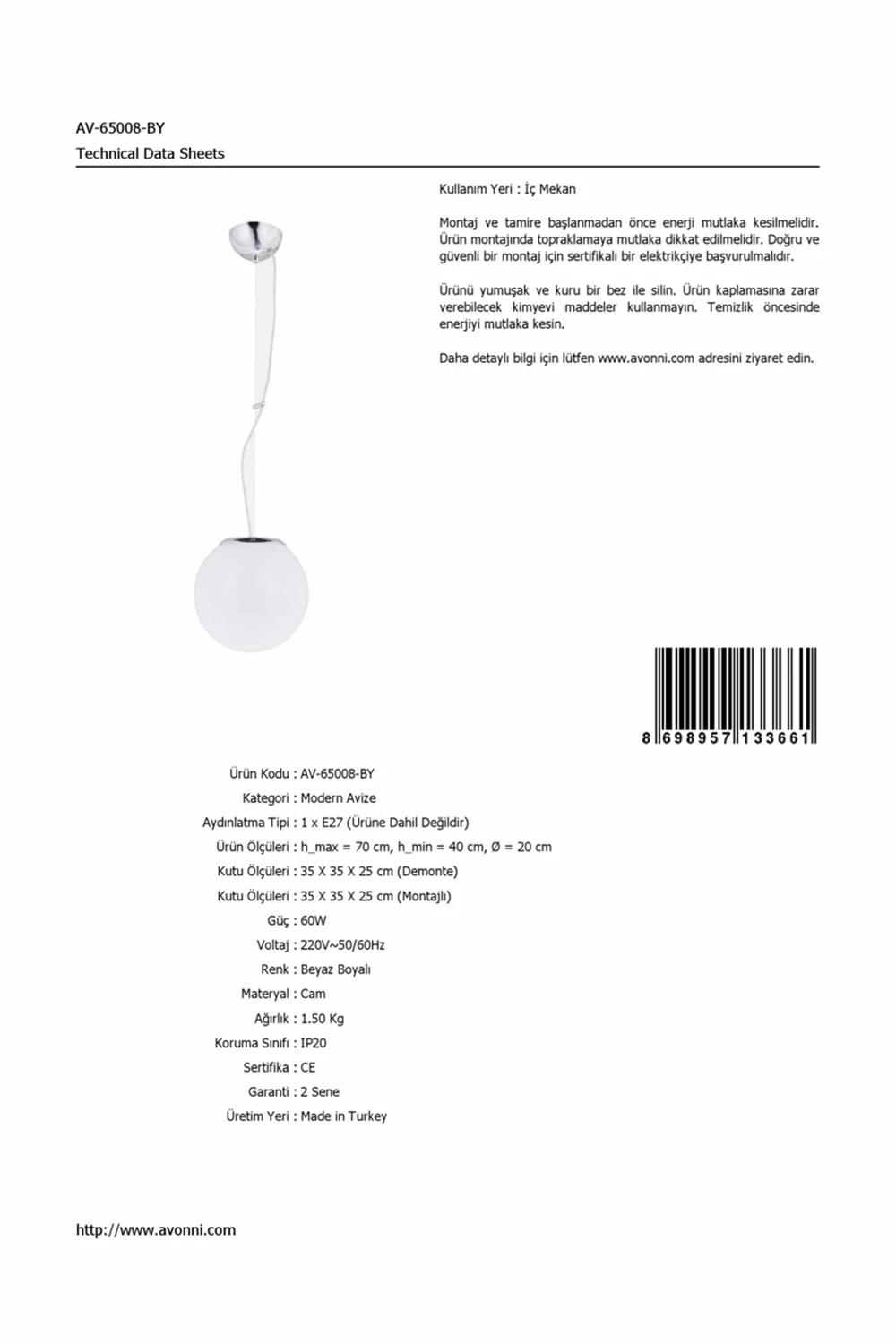 AVONNI AV-65008-BY Белый окрашенный кулон, E27, стекло, 20 см