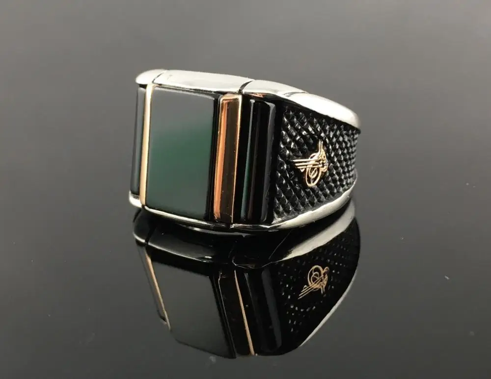 

BIG Black Muslim Tattoo Ring 925 SILVER RECTANGLE Big black Cubic Zirconia Ring TWO SIDES BRICK PATTERNED Father's Gift Fashion
