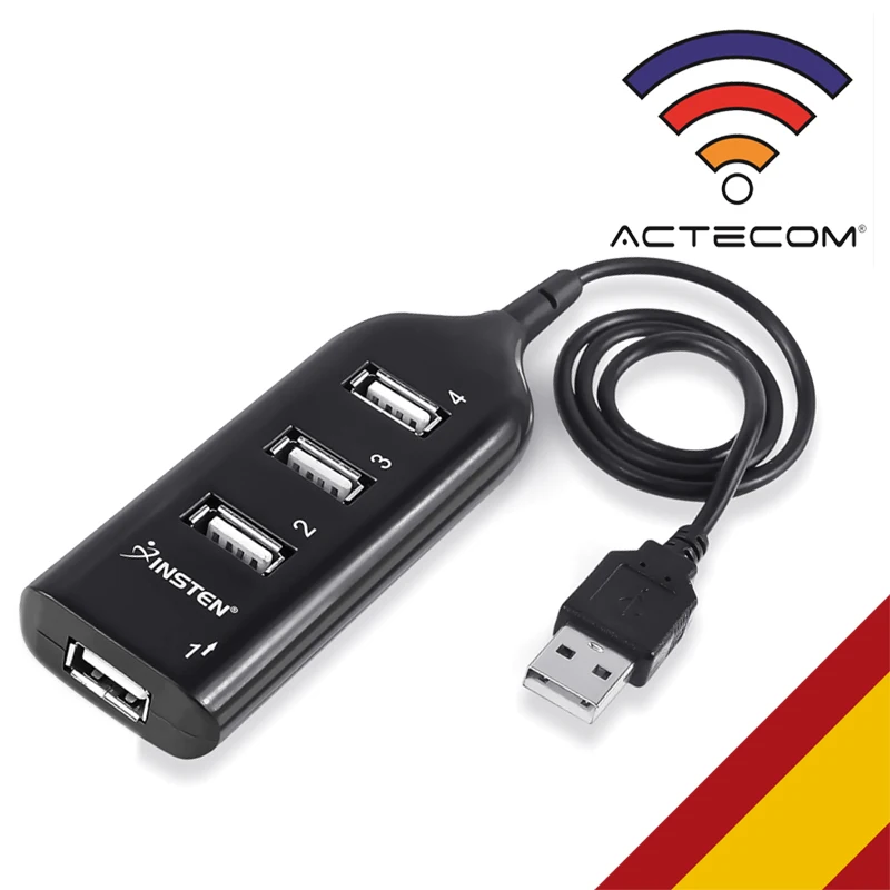 ACTECOM Adaptador Cable HUB de 4 Puertos USB 2,0 duplicador ladrón divisor Negro