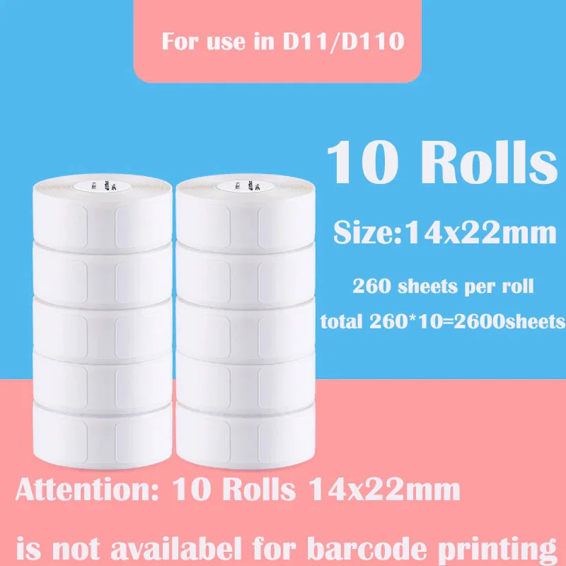 10 Rolls Niimbot Thermal Label Paper Roll for D11 D110 D101 Label Printer rinter 14x22mm/260 Labels Date Self-adhesive Papers best instant printer for iphone Printers