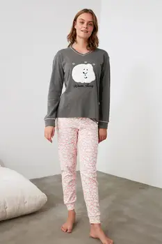 

Trendyol Anthracite Embroidered Knitted Pajama set THMAW21PT0654