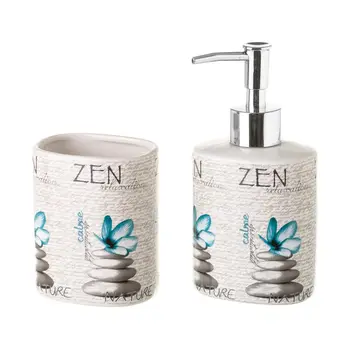 

JUEGO SET BA ZEN CERICA 8 X 6 X 16 CM 2 PIEZA TAZA PARA CEPILLO DE DIENTE Y DISPENSADOR DE JABON CON DIBUJO