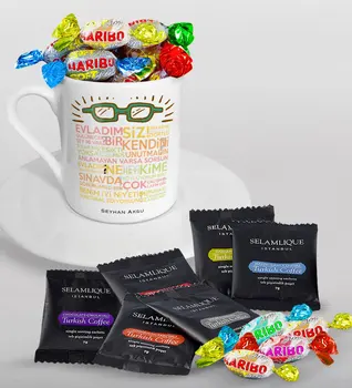 

Personalized Teacher's Words Turkish coffee Cup Selamlique Mixed Turkish Coffee House and Haribo Candy Gift Seti-2