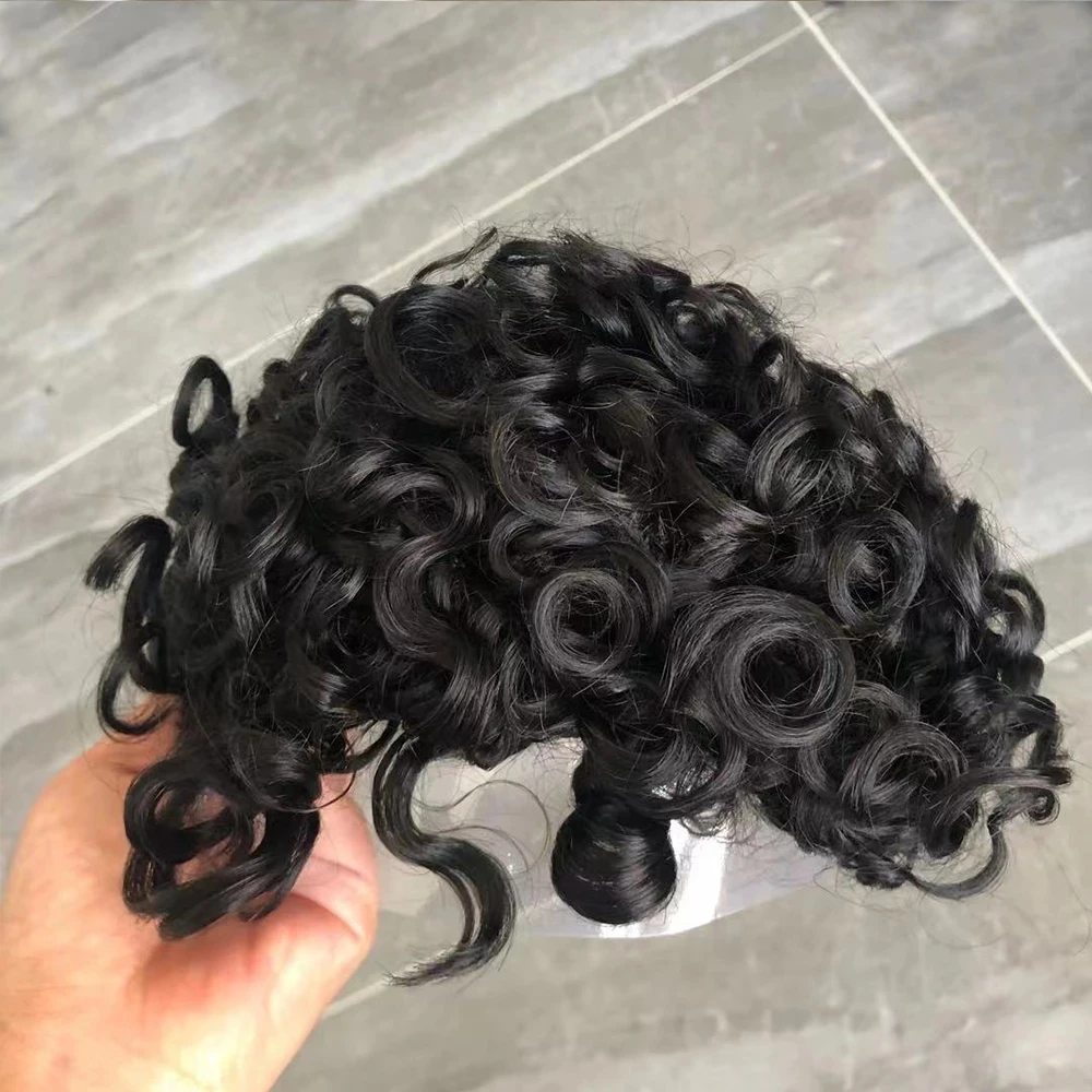 Human Hair Toupee 20mm Curly Men Wig Super Durable Full Thin Skin PU Injection Microskin Toupee Capillary Prosthesis 100% Human Hair Cheap System