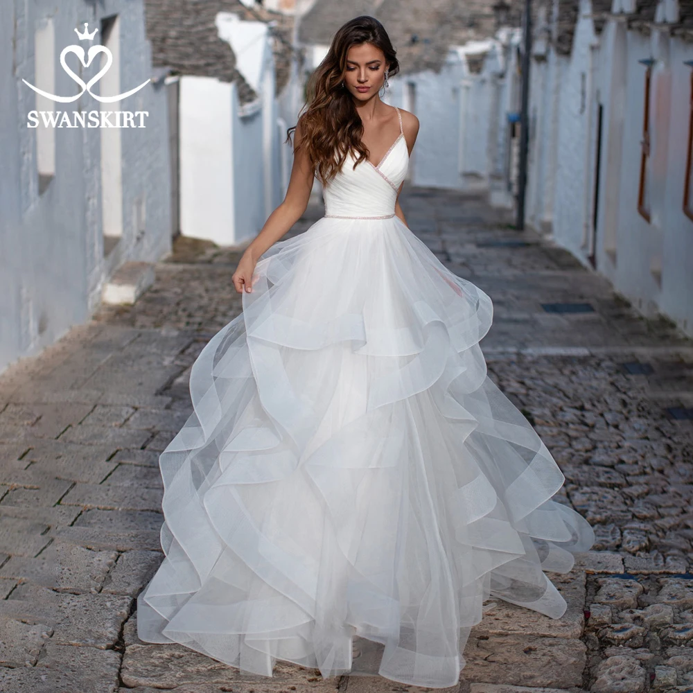 Модное вышитое бисером свадебное платье Swanskirt K309 бальное платье из тюля с рюшами сексуальное платье для невесты принцессы с открытой спиной Иллюзия Vestido de Noiva