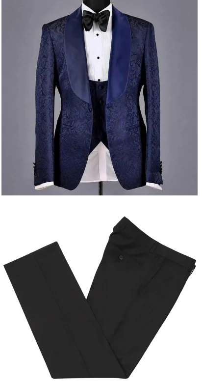 

Navy Blue Floral Pattern Men Suits Slim Fit Costume Homme Wedding Groom 3 Pcs Terno Masculino Prom Blazers Jacket+Pant+Vest