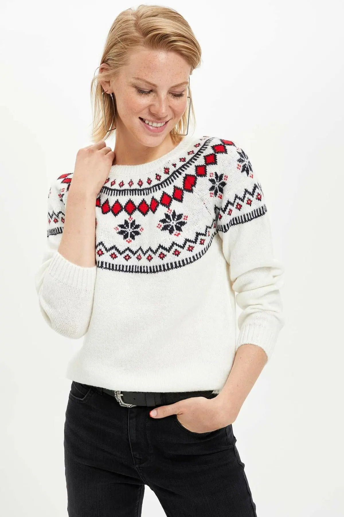 Дефакто Женская толстовка с геометрическим орнаментом с круглым вырезом Женская мода Повседневный пуловер Харадзюку женские осенние комфортные пуловеры-L5744AZ19WN