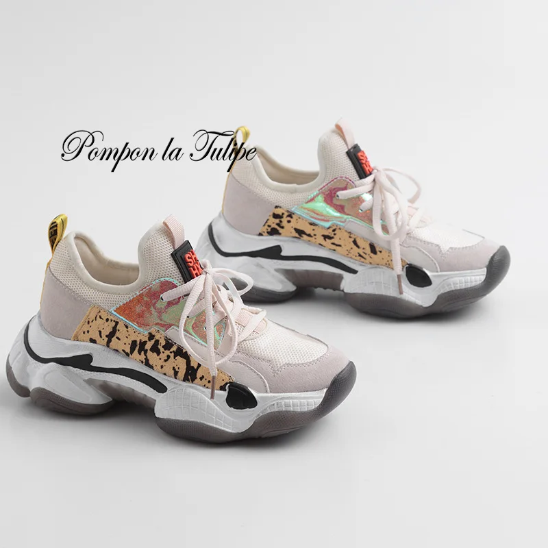 

BHS 9011207 Genuine Cow Leather Mesh Patchwork Pigskin 6CM Platform Sport Walking Running Training Casual Shoes Women Sneakers