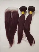 Pelo humano brasileño Remy 99J color vino tinto oscuro, 2/3 /4 mechones con cierre, malla de encaje 4 por 4