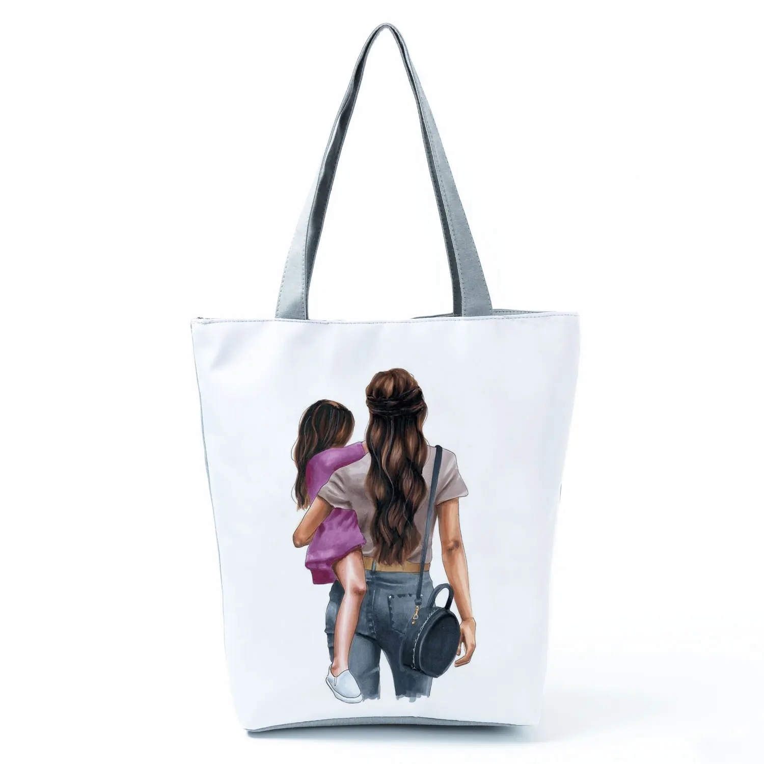 Cute Cartoon Super Mama Print Linen Tote Bag Reusable Shoulder Bags Mom And Baby Fold Women Casual Handbags Lady Fabric Totes 