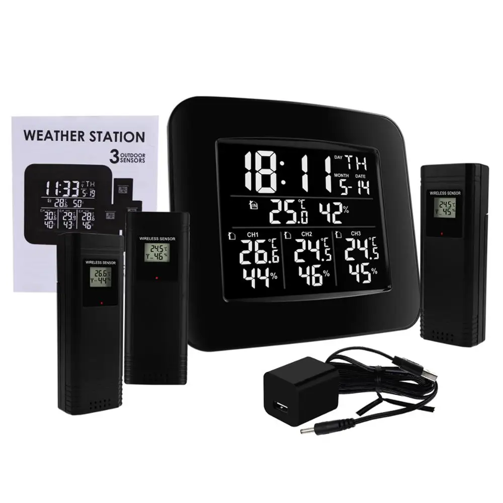 Digital Wireless Weather Station Clock Temperature Humidity w/ Outdoor Sensor 