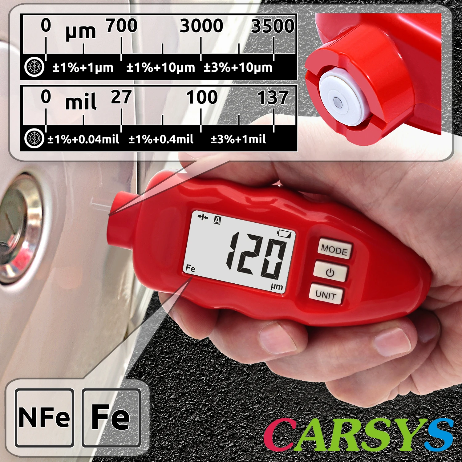 Толщиномер покрытий CARSYS DPM-816 PRO Быстрые измерения по черным и цветным металлам(0-3 мм) пр-во Россия(красный